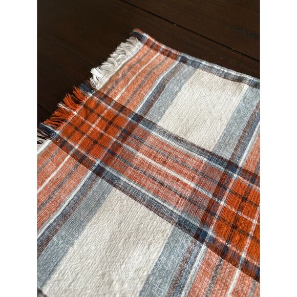 Cotton Country Plaid w Fringe Table Runner 68"L X 13
”W Blue and Rust Farmhouse - Picture 1 of 3